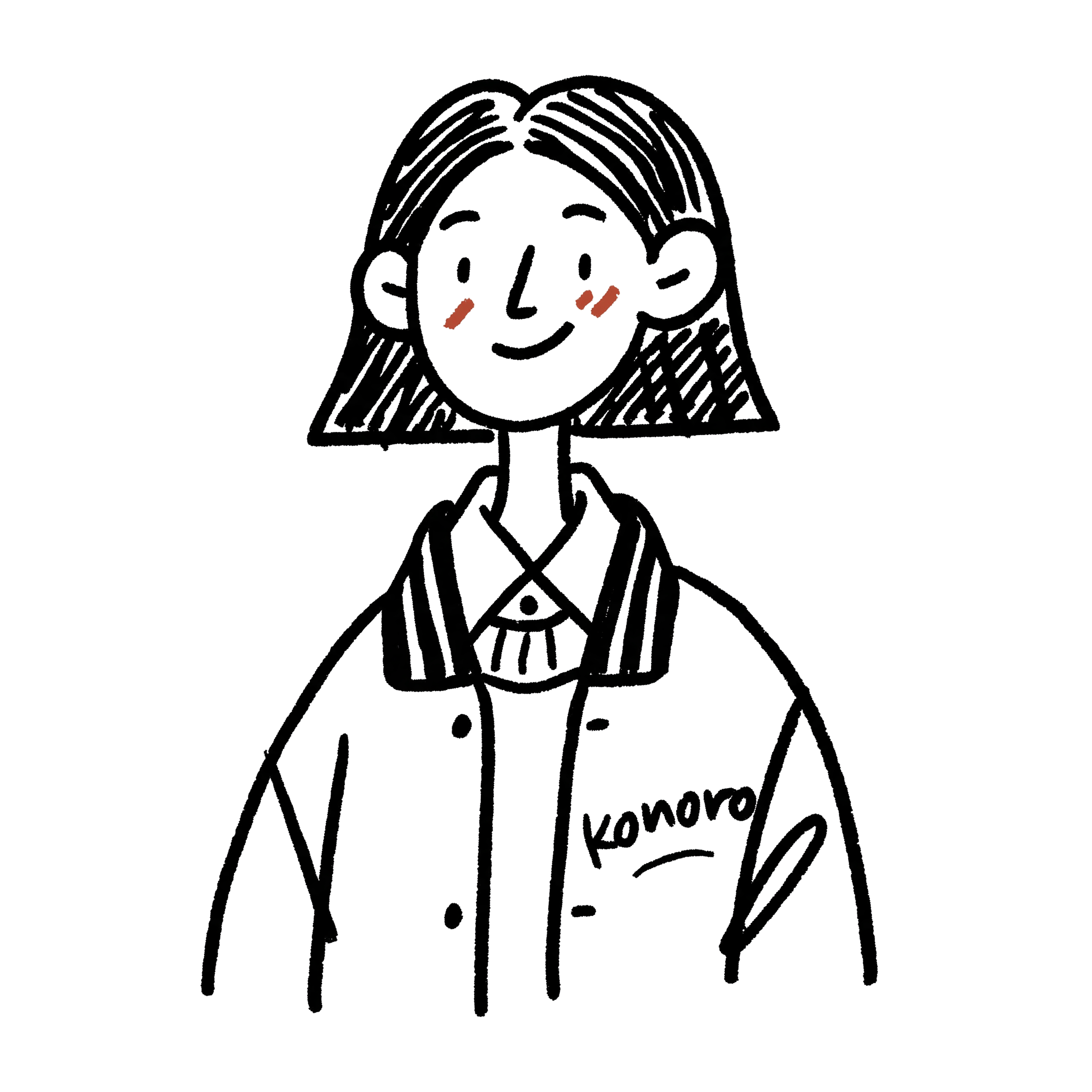 Hand-drawn illustration of a smiling model wearing Konoro.